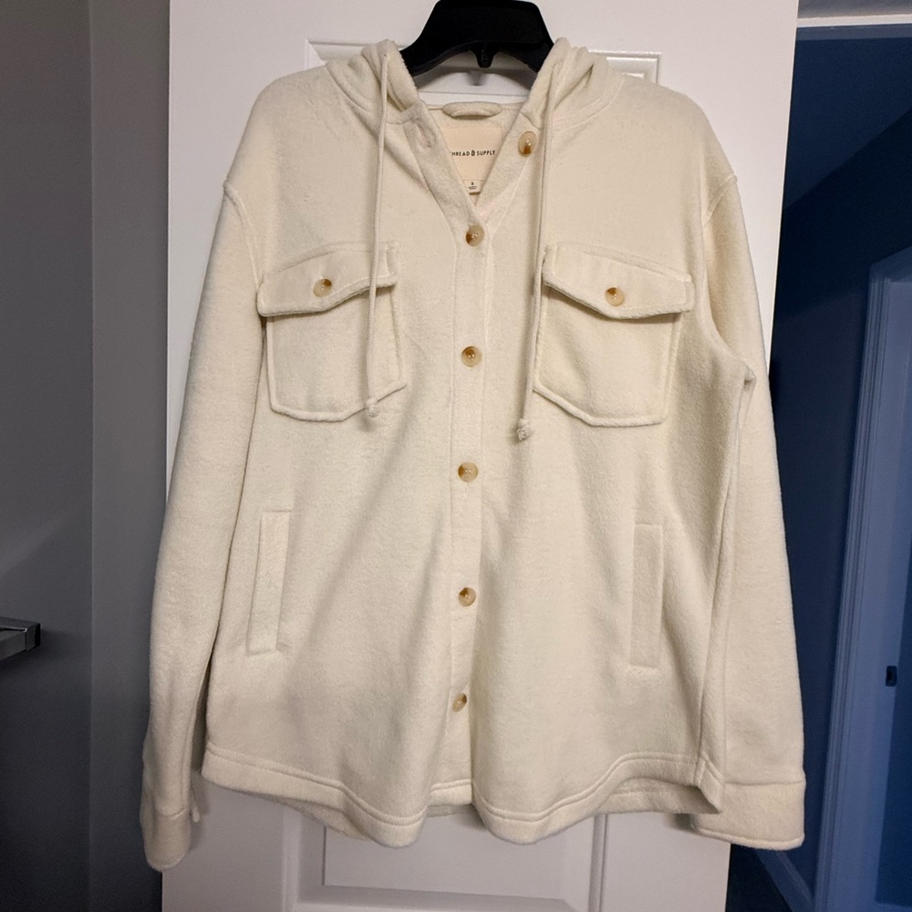 Thread and Supply Hooded Fleece Jacket with Button Front in Cream size S